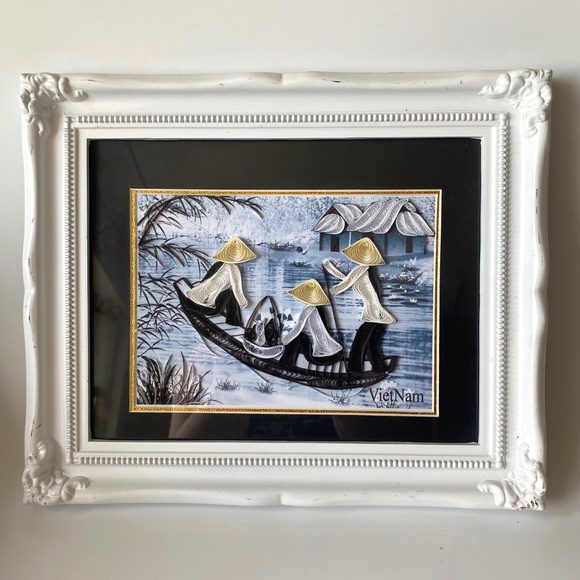 Vietnamese Quilling Art Wall Decor Village River Scene Framed - Picture 1 of 10
